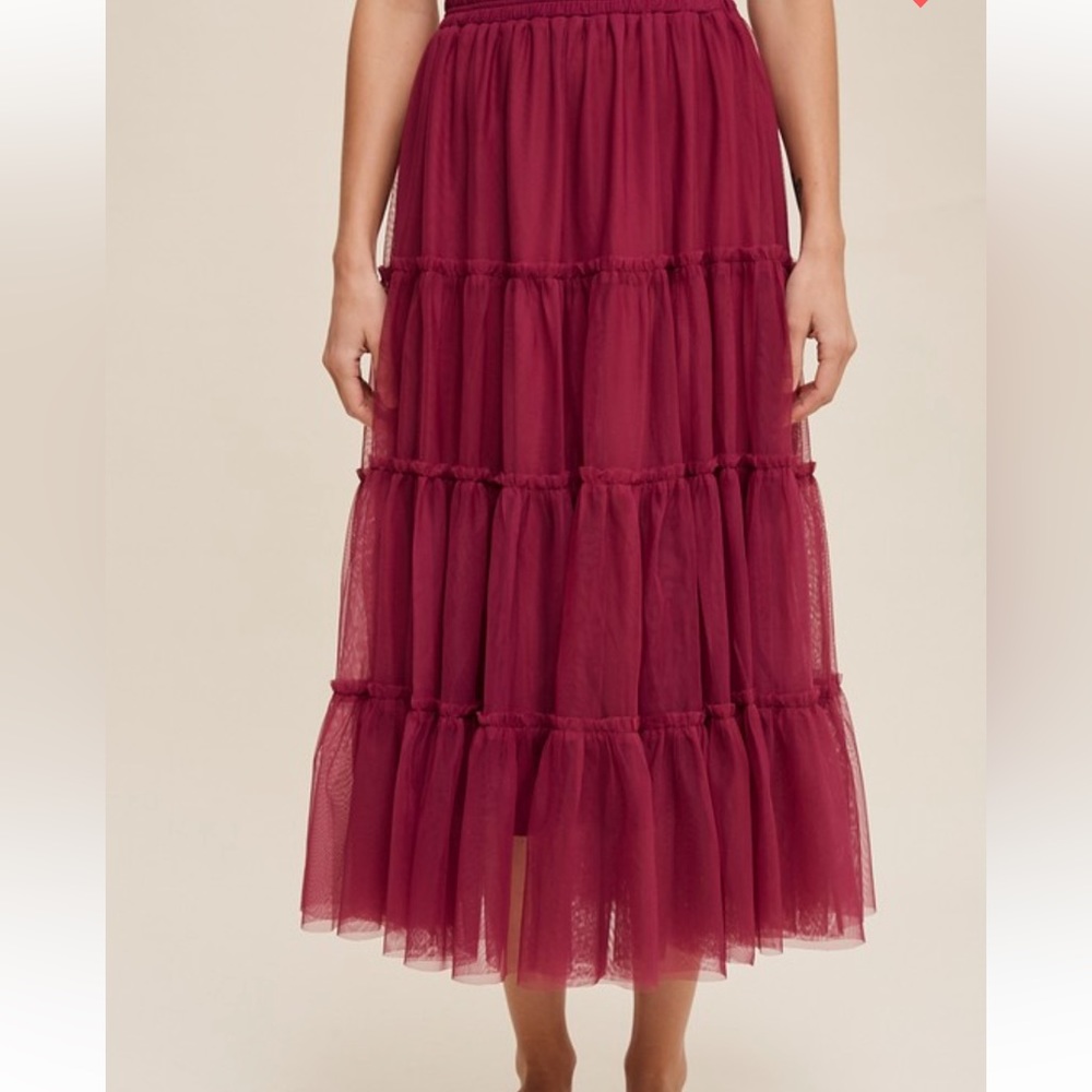 Flouncy Tiered Mesh Skirt in Maroon Berry - Picture 7 of 17